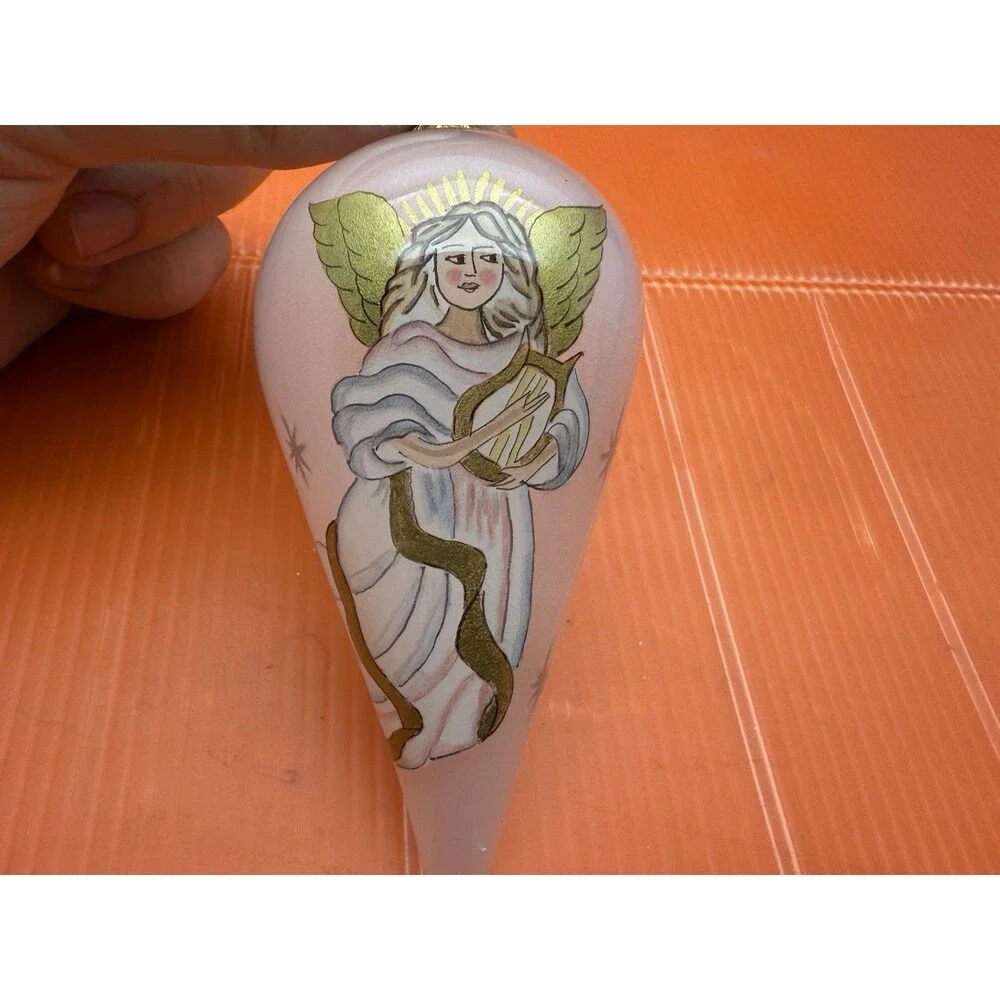 2 LI BIEN Pier One Glass Ornaments Reverse Painted Angels Round 1998 Tear Drop